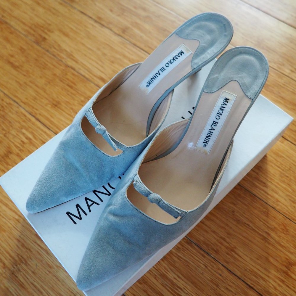 Manolo Blahnik Grey/Green Suede Leather Pointy Mule Heels Size 40